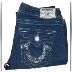 True Religion boot cut jeans with crystal embellished back pockets